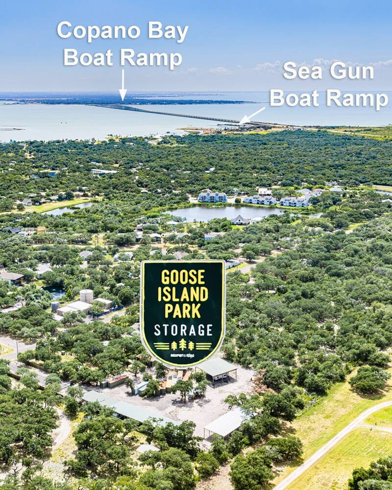 Aerial photo from Goose Island Park Storage toward the Copano Bay causeway, with the Copano Bay and Sea Gun boat ramps labeled