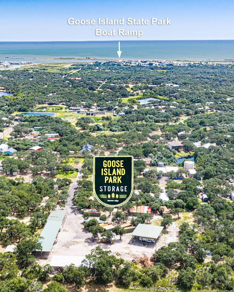 Aerial photo from Goose Island Park Storage looking toward the Goose Island State Park boat ramp, labeled on the bay shoreline